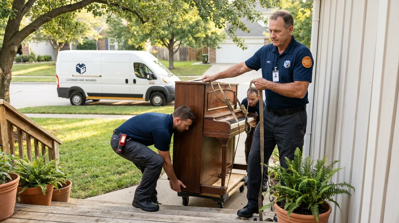 Licensed piano movers securing grand piano in Independence, KS