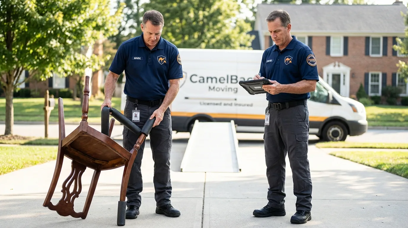 Movers inspecting furniture for damage prevention before loading in Independence, KS