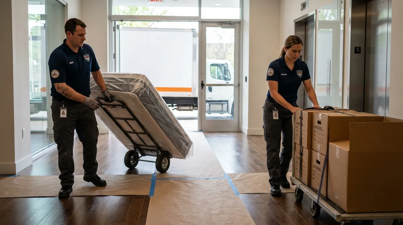 Professional apartment movers loading elevator in Independence, KS